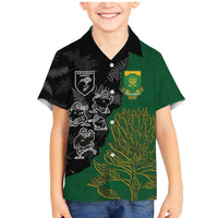 Custom Aotearoa South Africa Rugby Freedom Cup Family Matching Mermaid Dress and Hawaiian Shirt Kiwi Warriors Haka with King Protea Symbol - Wonder Print Shop