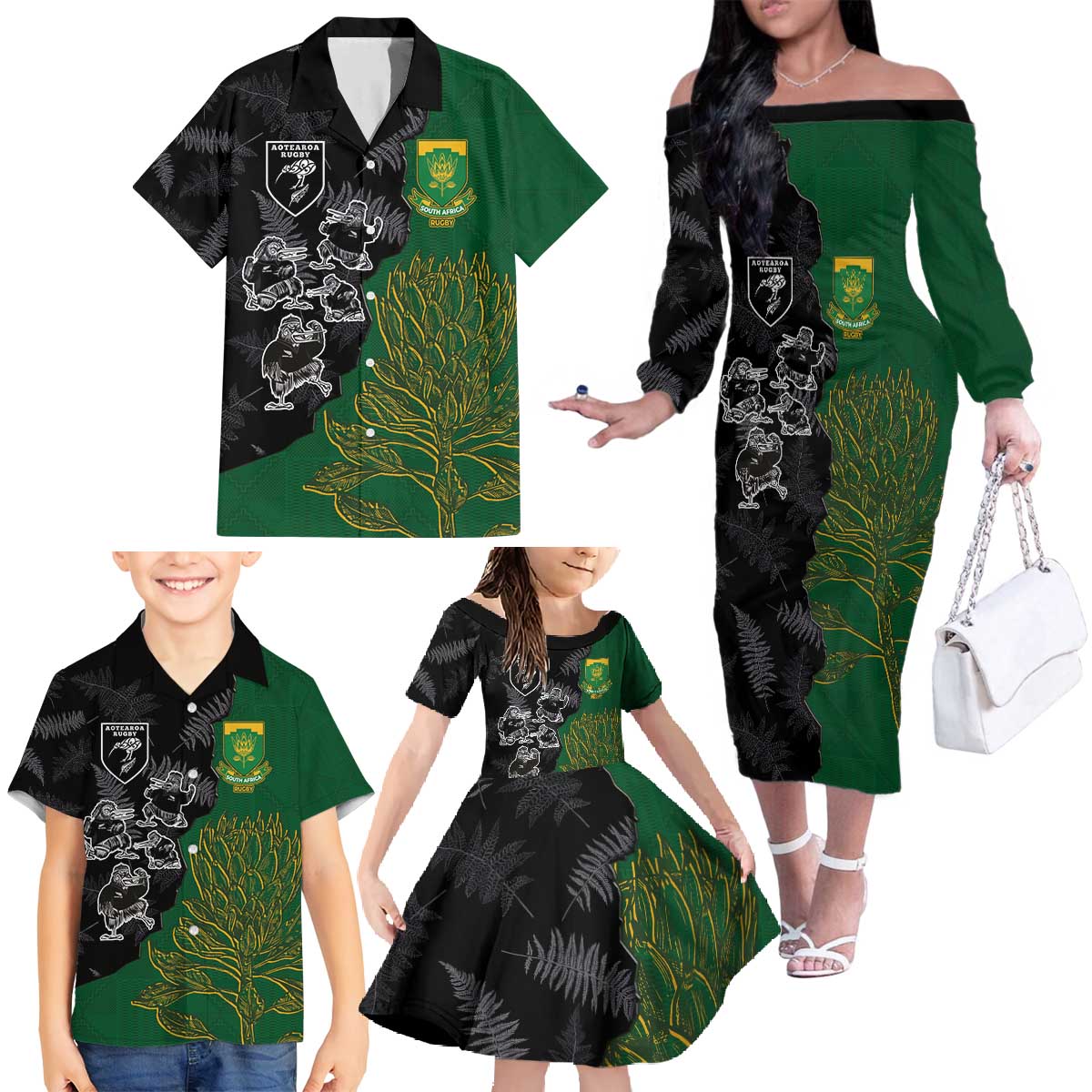 Custom Aotearoa South Africa Rugby Freedom Cup Family Matching Off The Shoulder Long Sleeve Dress and Hawaiian Shirt Kiwi Warriors Haka with King Protea Symbol - Wonder Print Shop