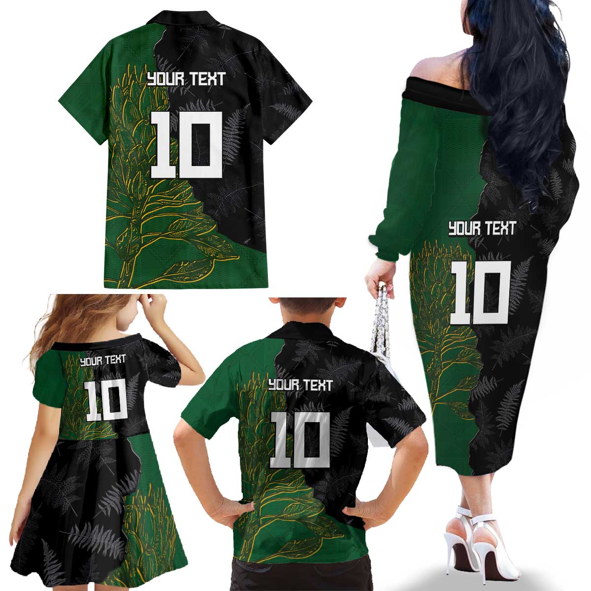 Custom Aotearoa South Africa Rugby Freedom Cup Family Matching Off The Shoulder Long Sleeve Dress and Hawaiian Shirt Kiwi Warriors Haka with King Protea Symbol - Wonder Print Shop