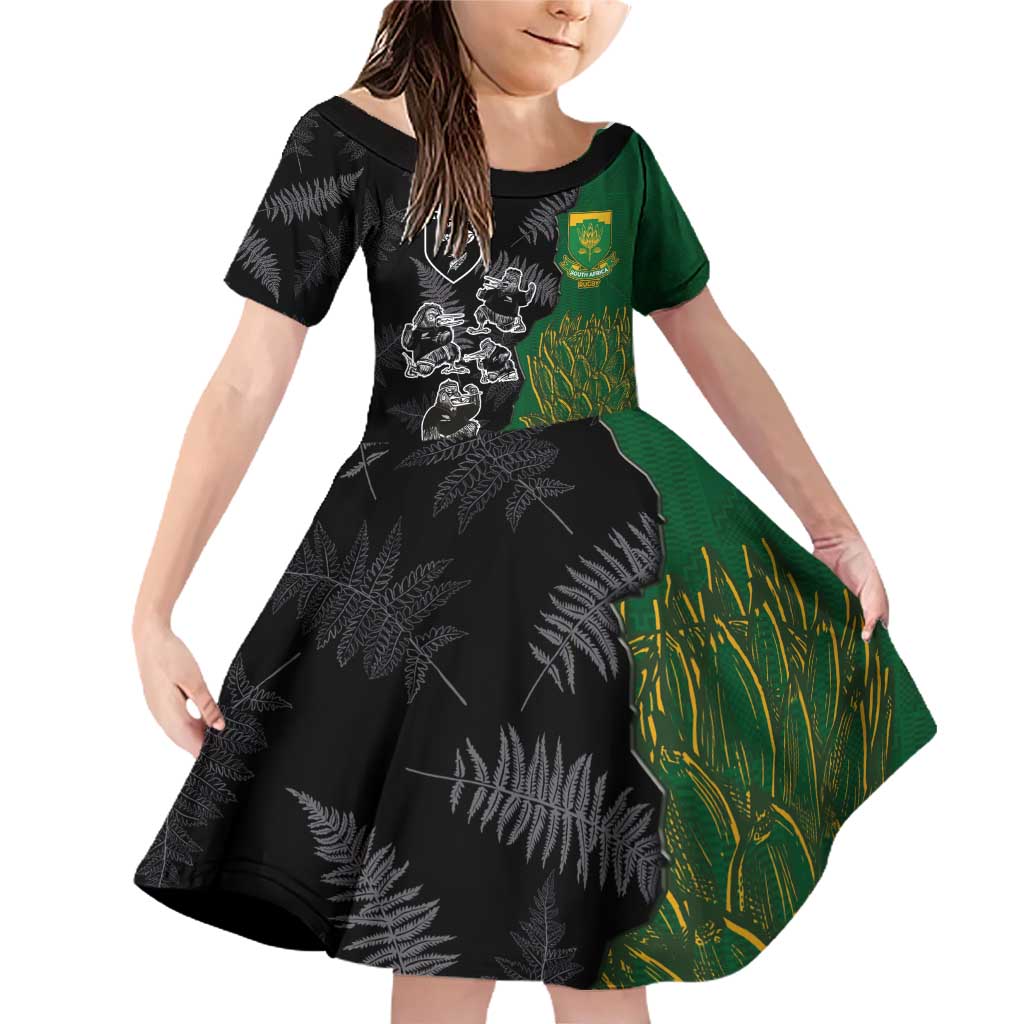 Custom Aotearoa South Africa Rugby Freedom Cup Family Matching Off Shoulder Short Dress and Hawaiian Shirt Kiwi Warriors Haka with King Protea Symbol - Wonder Print Shop