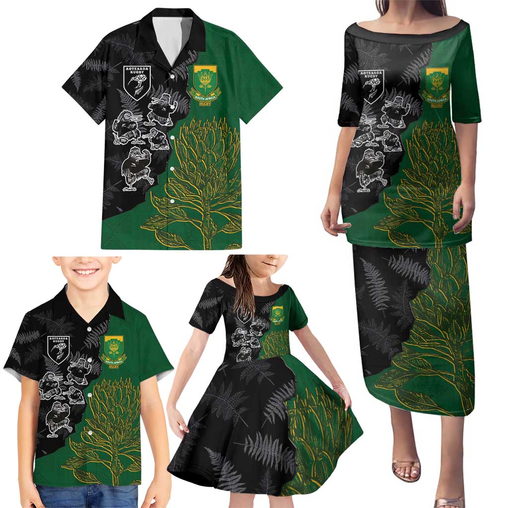 Custom Aotearoa South Africa Rugby Freedom Cup Family Matching Puletasi and Hawaiian Shirt Kiwi Warriors Haka with King Protea Symbol - Wonder Print Shop