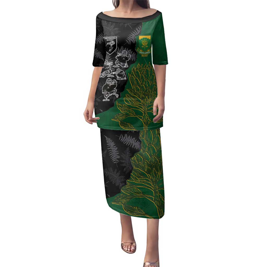 Custom Aotearoa South Africa Rugby Freedom Cup Family Matching Puletasi and Hawaiian Shirt Kiwi Warriors Haka with King Protea Symbol - Wonder Print Shop