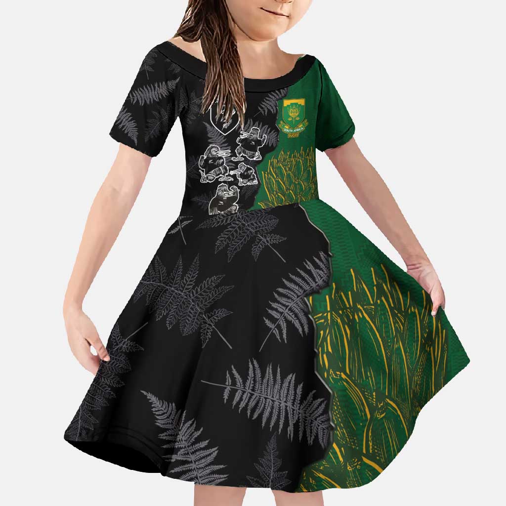 Custom Aotearoa South Africa Rugby Freedom Cup Family Matching Short Sleeve Bodycon Dress and Hawaiian Shirt Kiwi Warriors Haka with King Protea Symbol - Wonder Print Shop