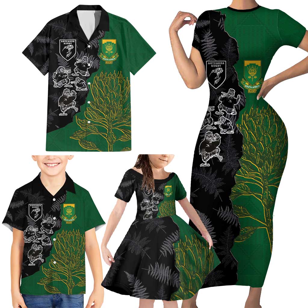 Custom Aotearoa South Africa Rugby Freedom Cup Family Matching Short Sleeve Bodycon Dress and Hawaiian Shirt Kiwi Warriors Haka with King Protea Symbol - Wonder Print Shop