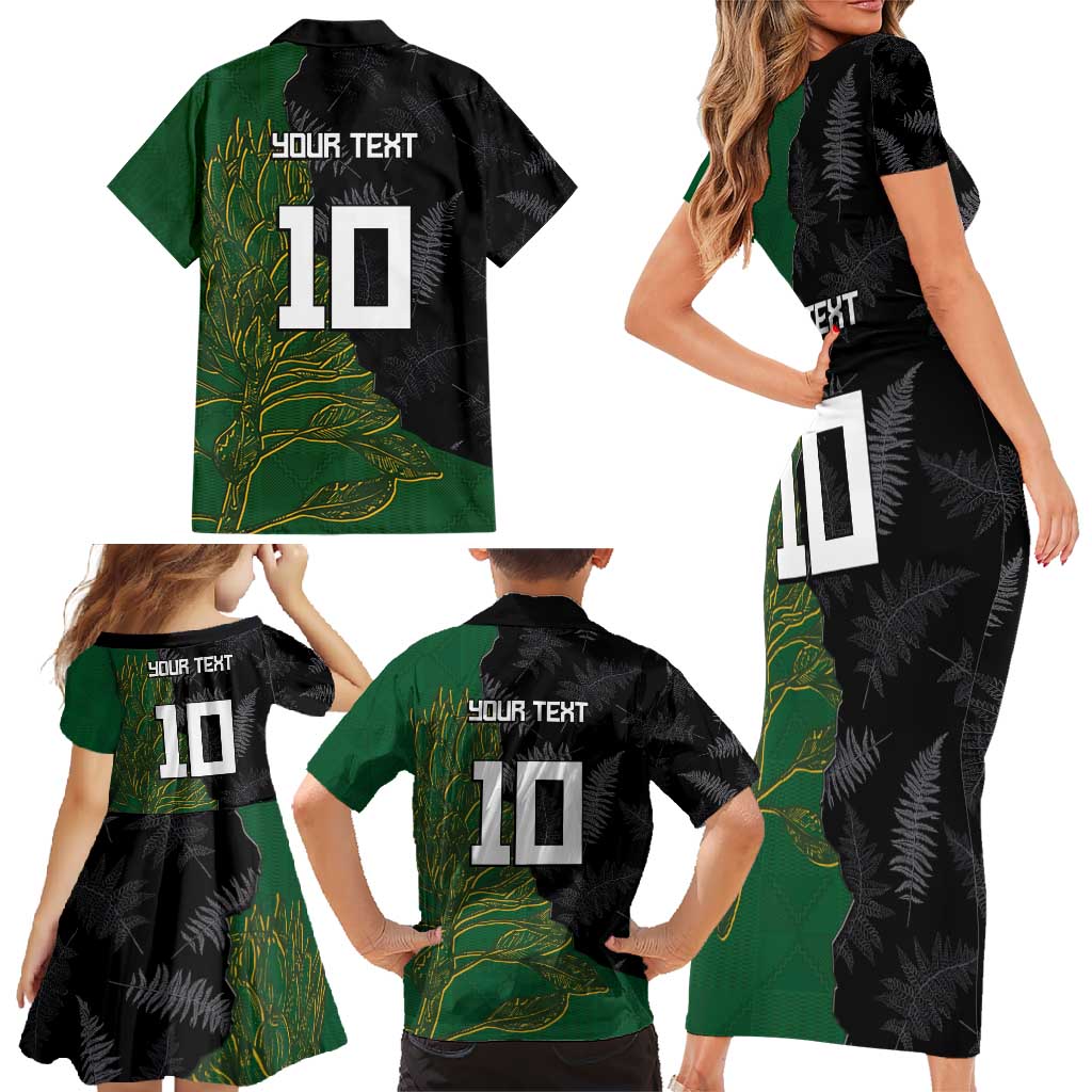 Custom Aotearoa South Africa Rugby Freedom Cup Family Matching Short Sleeve Bodycon Dress and Hawaiian Shirt Kiwi Warriors Haka with King Protea Symbol - Wonder Print Shop