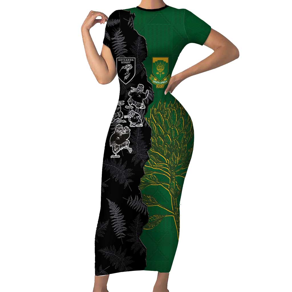 Custom Aotearoa South Africa Rugby Freedom Cup Family Matching Short Sleeve Bodycon Dress and Hawaiian Shirt Kiwi Warriors Haka with King Protea Symbol - Wonder Print Shop