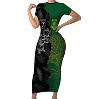 Custom Aotearoa South Africa Rugby Freedom Cup Family Matching Short Sleeve Bodycon Dress and Hawaiian Shirt Kiwi Warriors Haka with King Protea Symbol - Wonder Print Shop