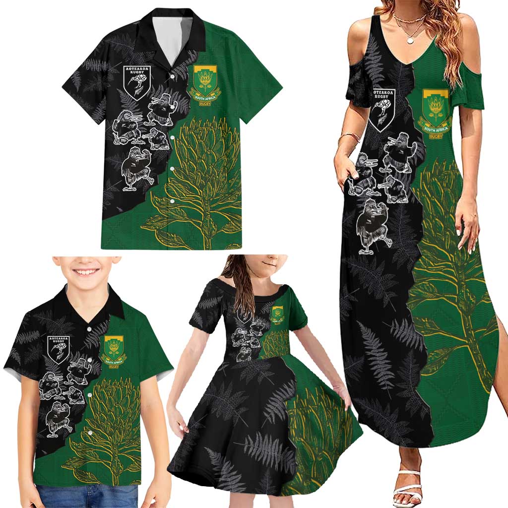 Custom Aotearoa South Africa Rugby Freedom Cup Family Matching Summer Maxi Dress and Hawaiian Shirt Kiwi Warriors Haka with King Protea Symbol - Wonder Print Shop