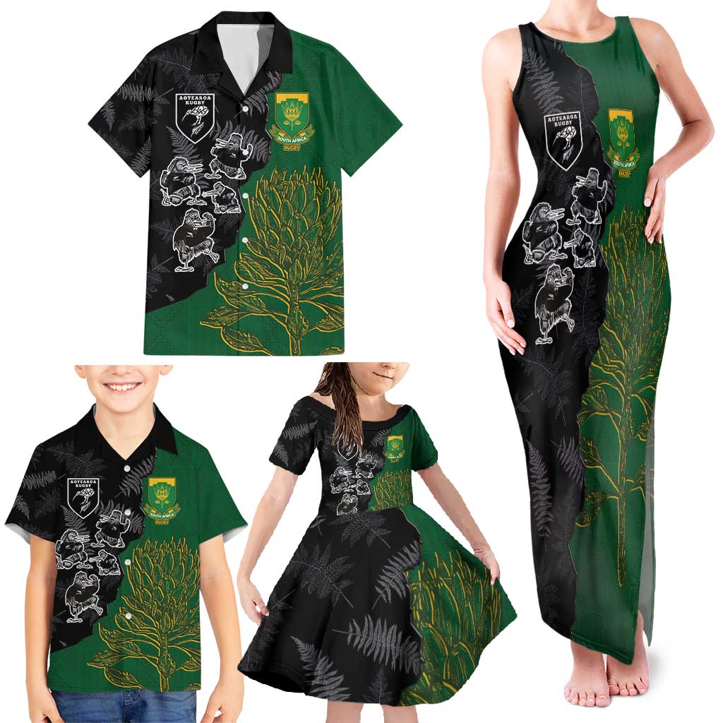 Custom Aotearoa South Africa Rugby Freedom Cup Family Matching Tank Maxi Dress and Hawaiian Shirt Kiwi Warriors Haka with King Protea Symbol - Wonder Print Shop