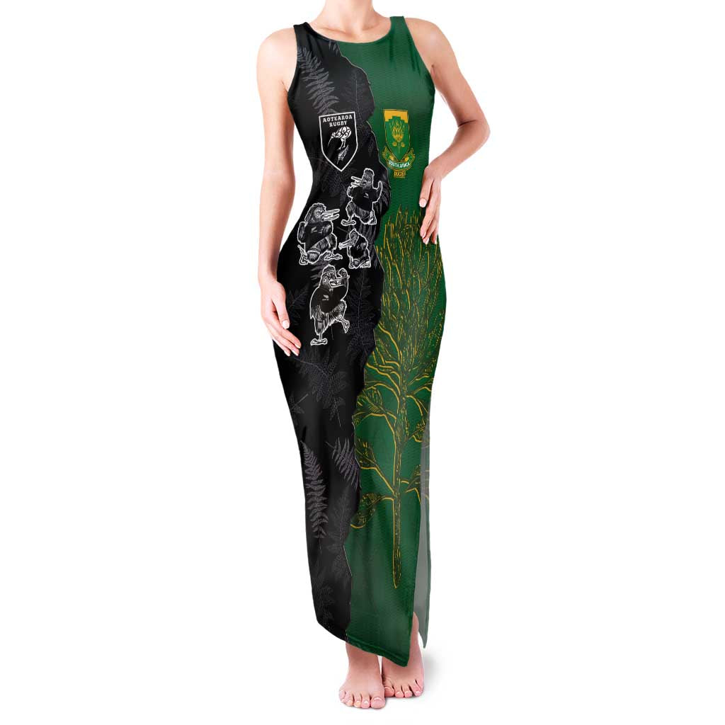 Custom Aotearoa South Africa Rugby Freedom Cup Family Matching Tank Maxi Dress and Hawaiian Shirt Kiwi Warriors Haka with King Protea Symbol - Wonder Print Shop
