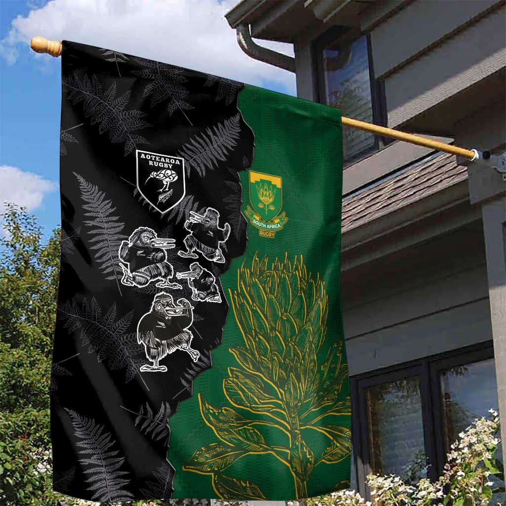 Aotearoa South Africa Rugby Freedom Cup Garden Flag Kiwi Warriors Haka with King Protea Symbol - Wonder Print Shop