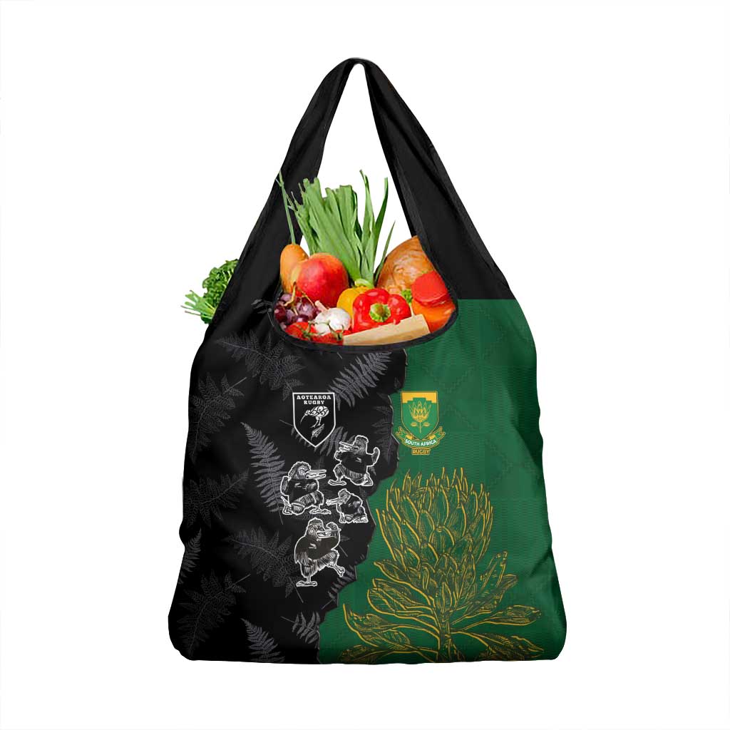 Aotearoa South Africa Rugby Freedom Cup Grocery Bag Kiwi Warriors Haka with King Protea Symbol - Wonder Print Shop