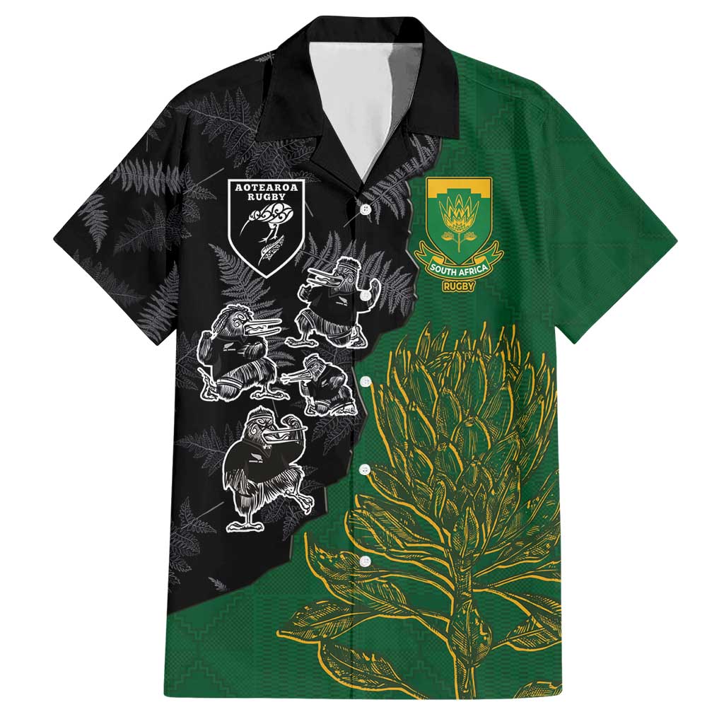 Custom Aotearoa South Africa Rugby Freedom Cup Hawaiian Shirt Kiwi Warriors Haka with King Protea Symbol - Wonder Print Shop