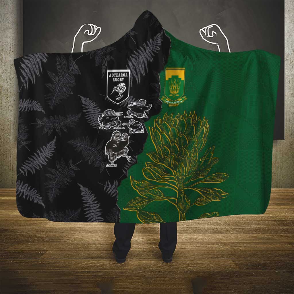 Aotearoa South Africa Rugby Freedom Cup Hooded Blanket Kiwi Warriors Haka with King Protea Symbol - Wonder Print Shop