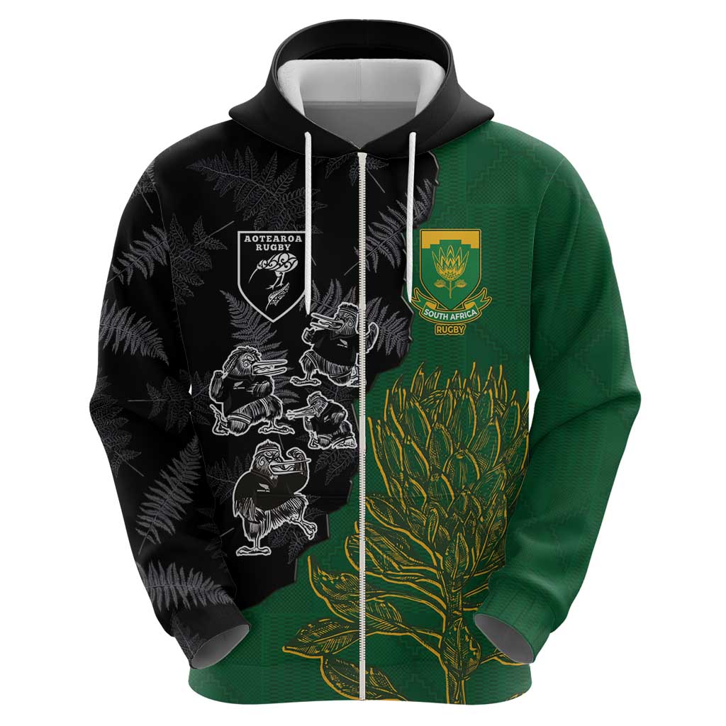 Custom Aotearoa South Africa Rugby Freedom Cup Hoodie Kiwi Warriors Haka with King Protea Symbol - Wonder Print Shop