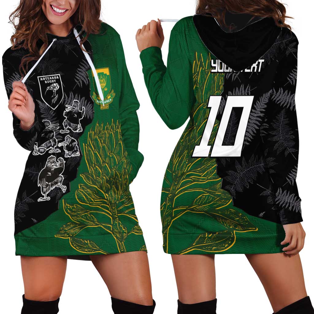 Custom Aotearoa South Africa Rugby Freedom Cup Hoodie Dress Kiwi Warriors Haka with King Protea Symbol - Wonder Print Shop