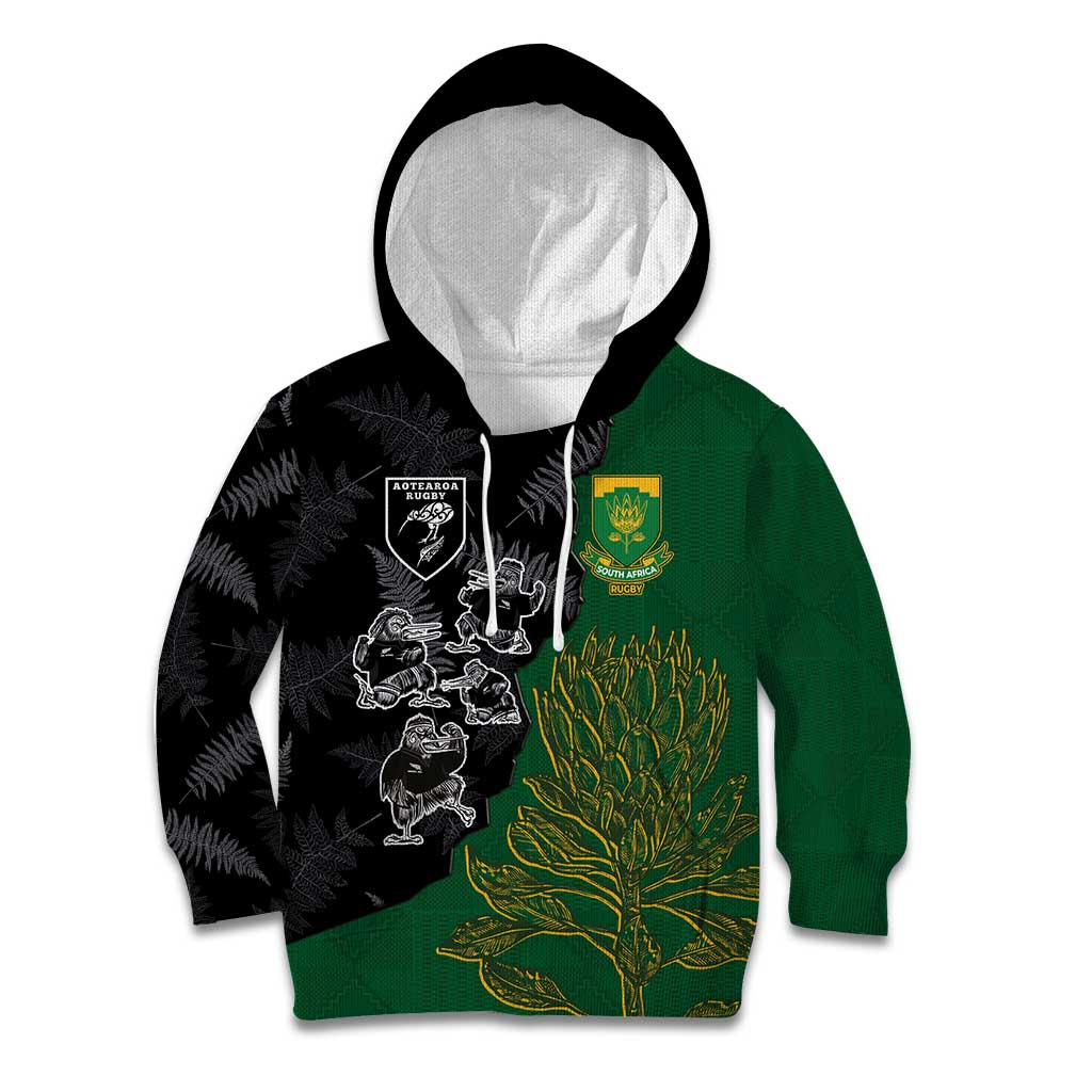 Custom Aotearoa South Africa Rugby Freedom Cup Kid Hoodie Kiwi Warriors Haka with King Protea Symbol - Wonder Print Shop