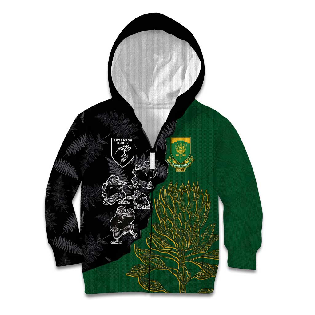 Custom Aotearoa South Africa Rugby Freedom Cup Kid Hoodie Kiwi Warriors Haka with King Protea Symbol - Wonder Print Shop