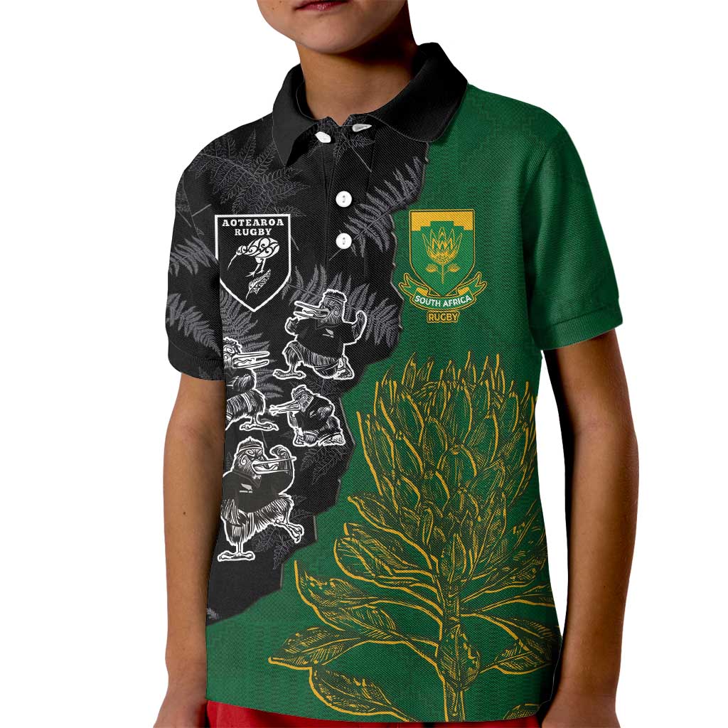 Custom Aotearoa South Africa Rugby Freedom Cup Kid Polo Shirt Kiwi Warriors Haka with King Protea Symbol - Wonder Print Shop