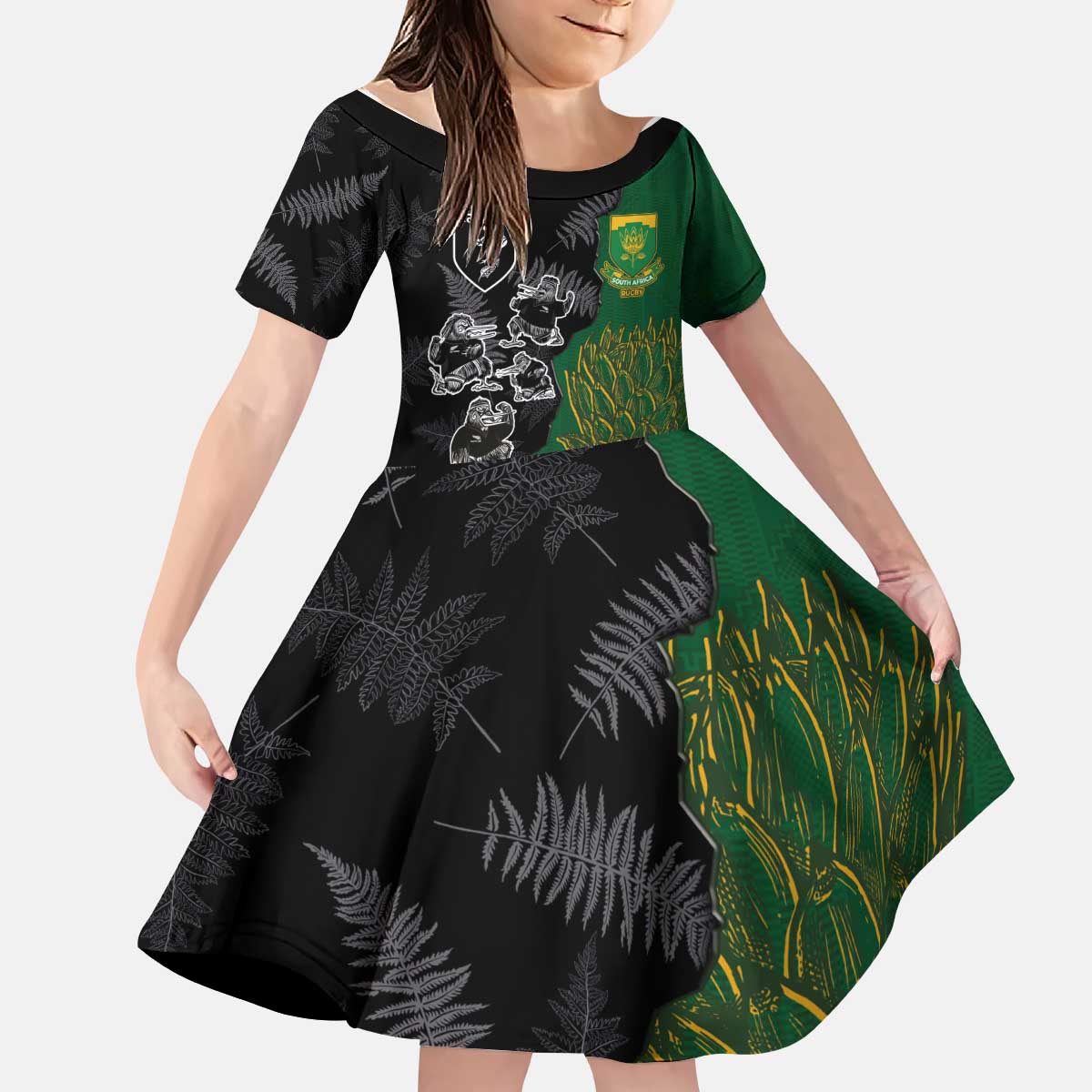 Custom Aotearoa South Africa Rugby Freedom Cup Kid Short Sleeve Dress Kiwi Warriors Haka with King Protea Symbol - Wonder Print Shop
