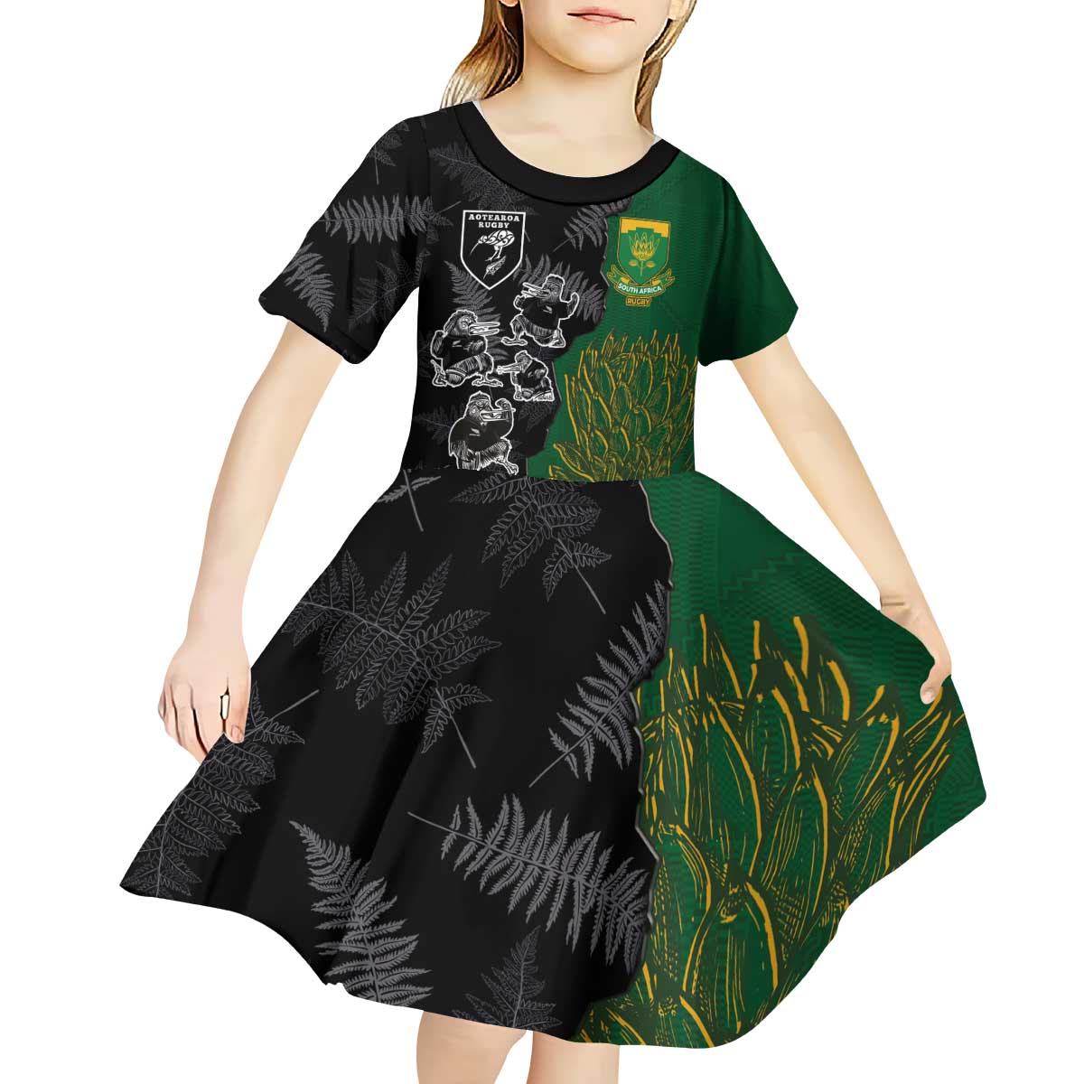 Custom Aotearoa South Africa Rugby Freedom Cup Kid Short Sleeve Dress Kiwi Warriors Haka with King Protea Symbol - Wonder Print Shop