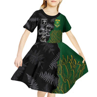 Custom Aotearoa South Africa Rugby Freedom Cup Kid Short Sleeve Dress Kiwi Warriors Haka with King Protea Symbol - Wonder Print Shop