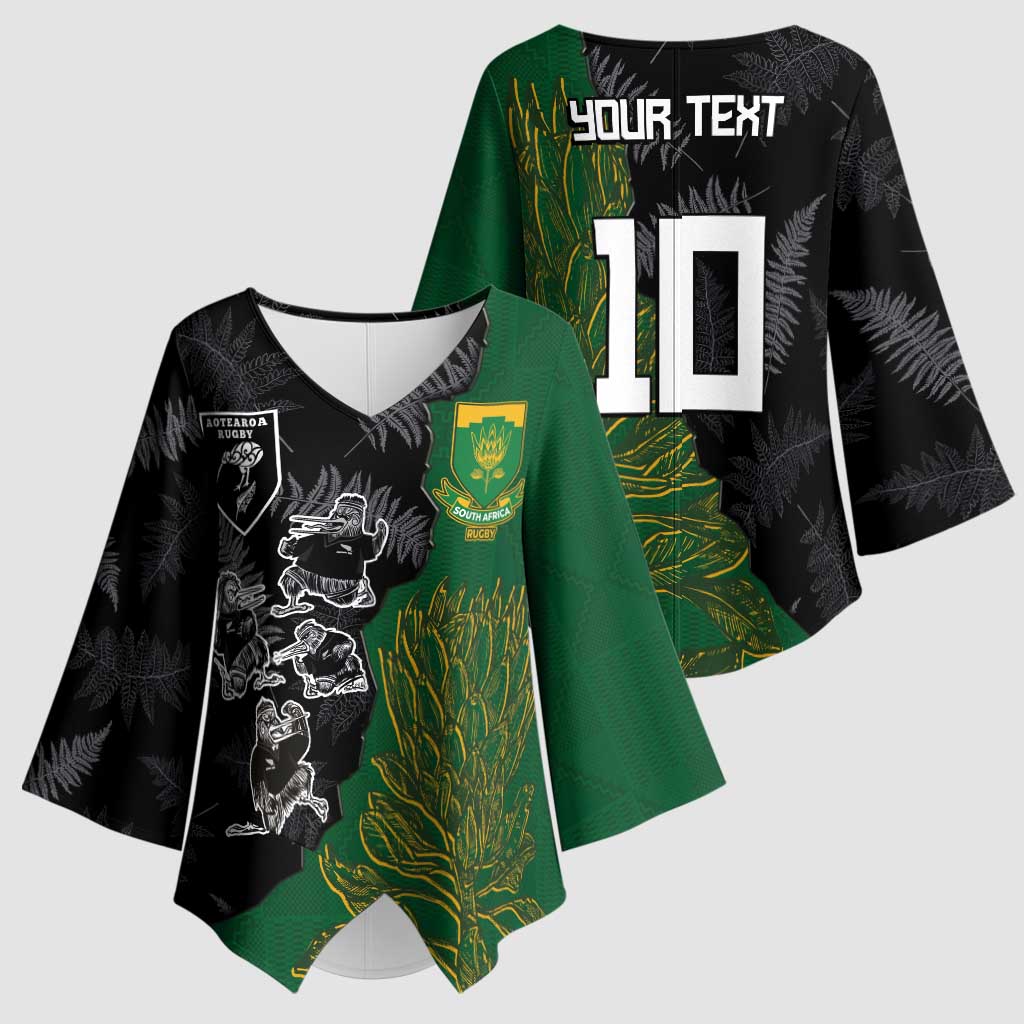 Custom Aotearoa South Africa Rugby Freedom Cup Kimono Sleeve Blouse Kiwi Warriors Haka with King Protea Symbol - Wonder Print Shop