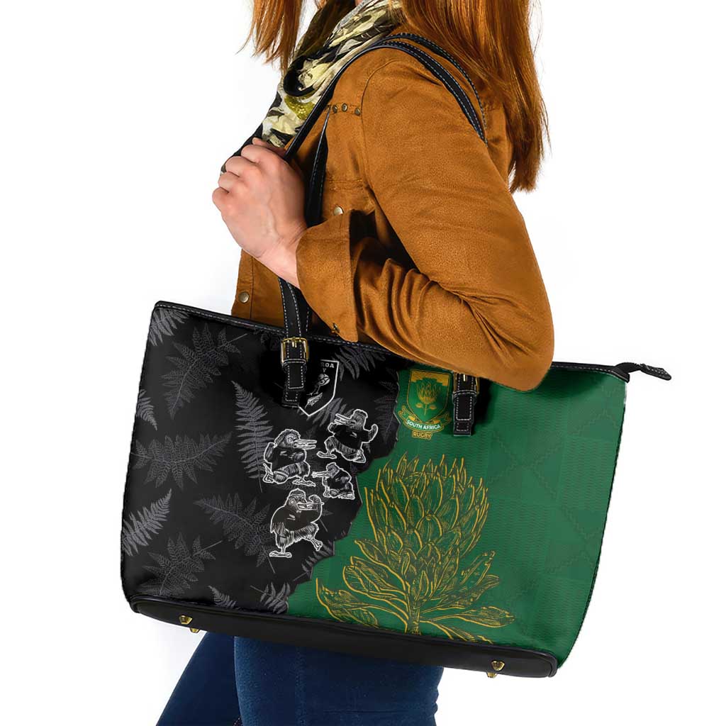 Aotearoa South Africa Rugby Freedom Cup Leather Tote Bag Kiwi Warriors Haka with King Protea Symbol - Wonder Print Shop