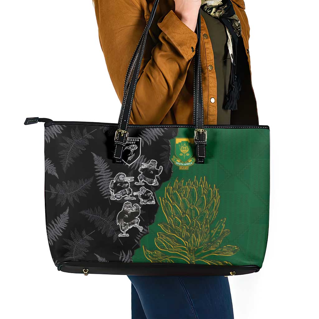 Aotearoa South Africa Rugby Freedom Cup Leather Tote Bag Kiwi Warriors Haka with King Protea Symbol - Wonder Print Shop