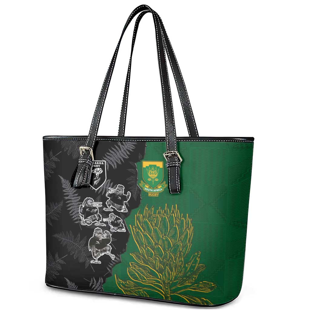 Aotearoa South Africa Rugby Freedom Cup Leather Tote Bag Kiwi Warriors Haka with King Protea Symbol - Wonder Print Shop