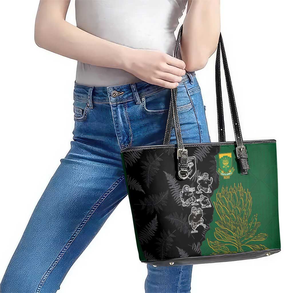 Aotearoa South Africa Rugby Freedom Cup Leather Tote Bag Kiwi Warriors Haka with King Protea Symbol - Wonder Print Shop