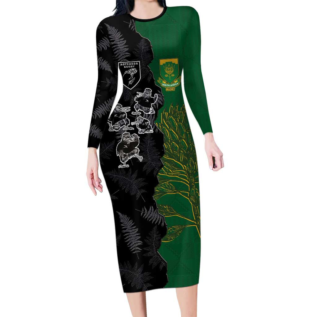 Custom Aotearoa South Africa Rugby Freedom Cup Long Sleeve Bodycon Dress Kiwi Warriors Haka with King Protea Symbol - Wonder Print Shop