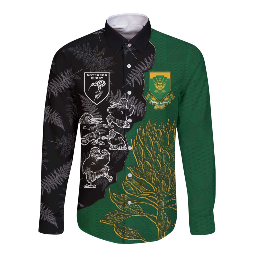 Custom Aotearoa South Africa Rugby Freedom Cup Long Sleeve Button Shirt Kiwi Warriors Haka with King Protea Symbol - Wonder Print Shop