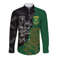 Custom Aotearoa South Africa Rugby Freedom Cup Long Sleeve Button Shirt Kiwi Warriors Haka with King Protea Symbol - Wonder Print Shop