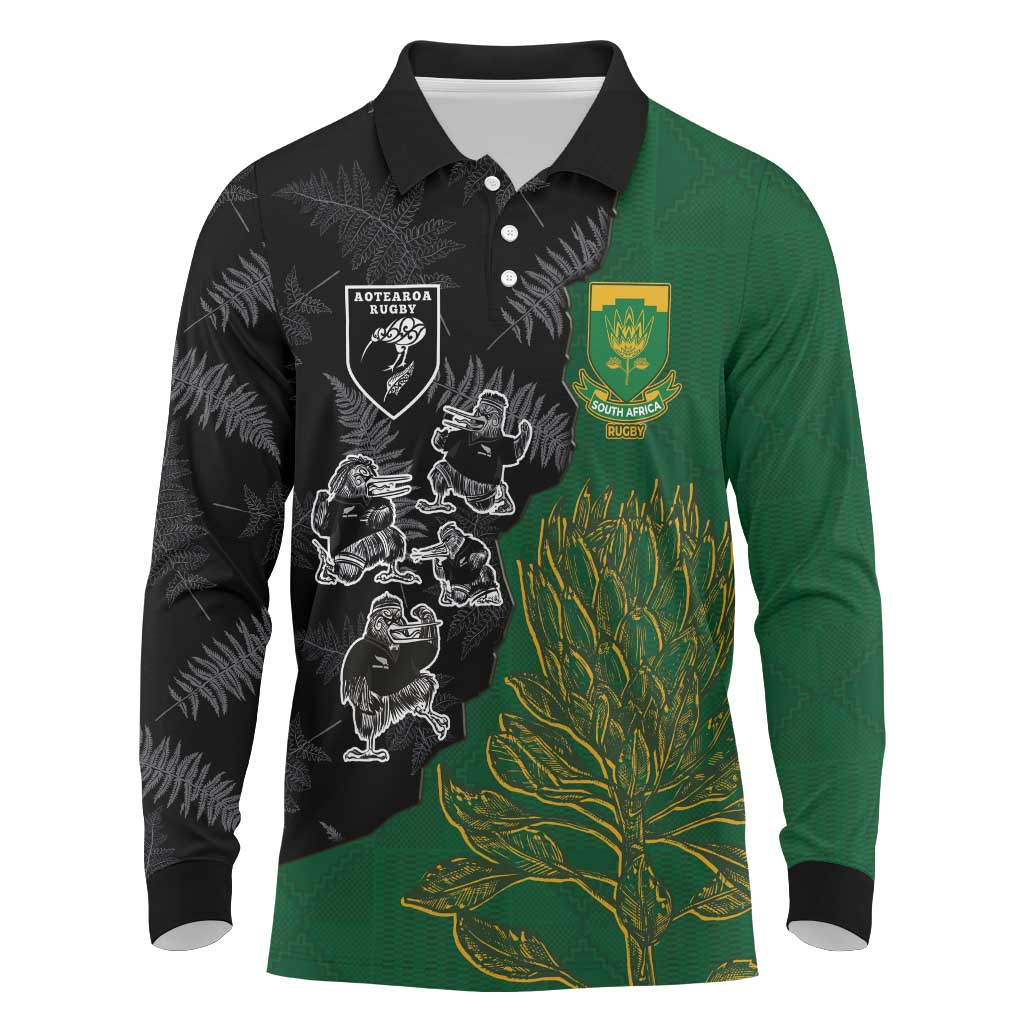 Custom Aotearoa South Africa Rugby Freedom Cup Long Sleeve Polo Shirt Kiwi Warriors Haka with King Protea Symbol - Wonder Print Shop