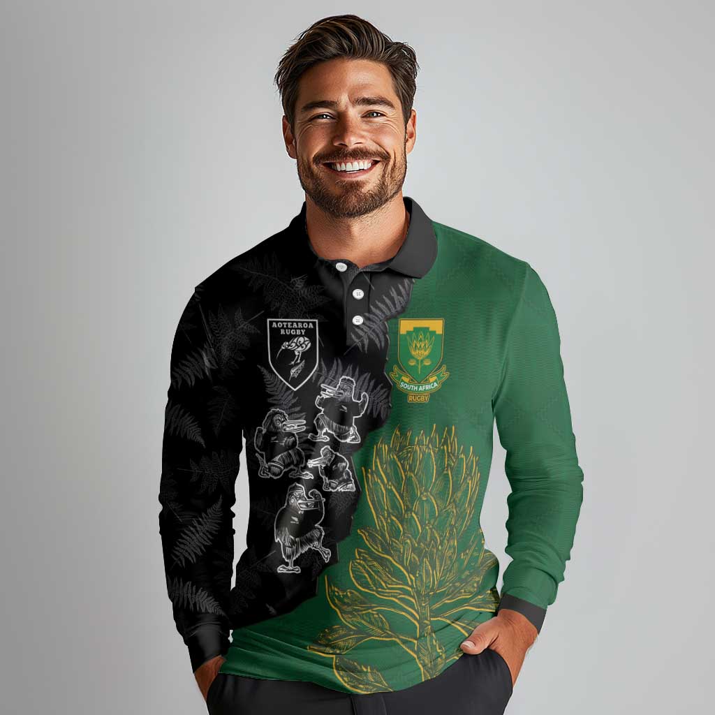 Custom Aotearoa South Africa Rugby Freedom Cup Long Sleeve Polo Shirt Kiwi Warriors Haka with King Protea Symbol - Wonder Print Shop