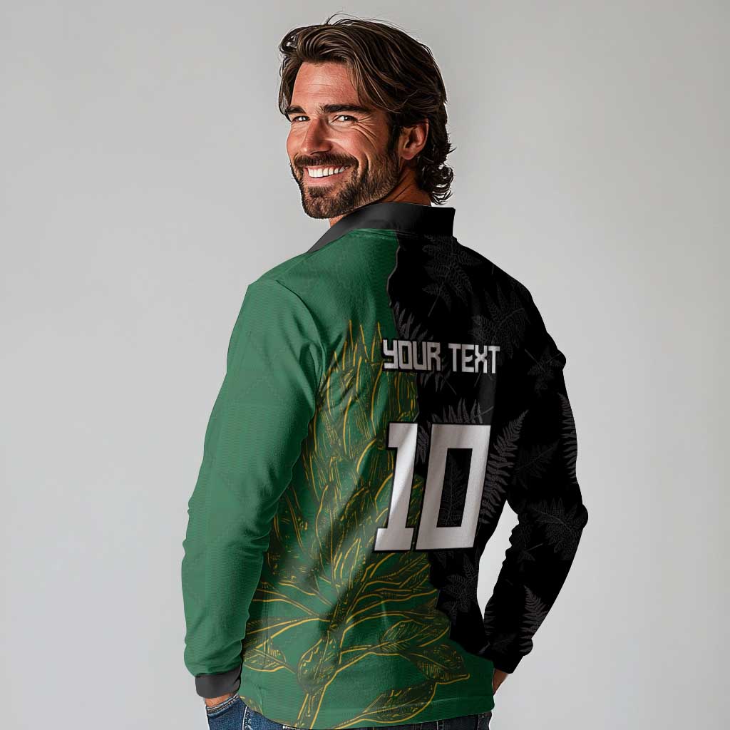 Custom Aotearoa South Africa Rugby Freedom Cup Long Sleeve Polo Shirt Kiwi Warriors Haka with King Protea Symbol - Wonder Print Shop