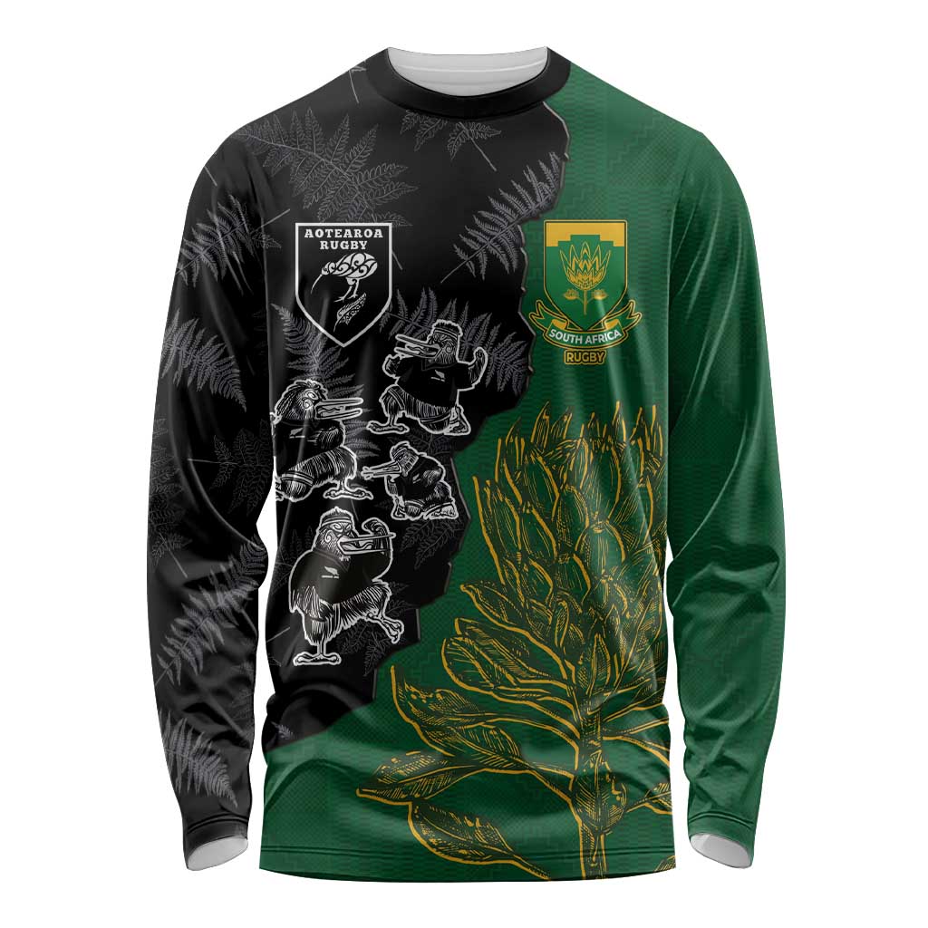 Custom Aotearoa South Africa Rugby Freedom Cup Long Sleeve Shirt Kiwi Warriors Haka with King Protea Symbol - Wonder Print Shop