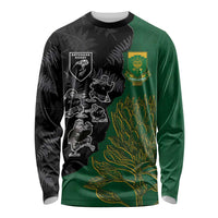 Custom Aotearoa South Africa Rugby Freedom Cup Long Sleeve Shirt Kiwi Warriors Haka with King Protea Symbol - Wonder Print Shop