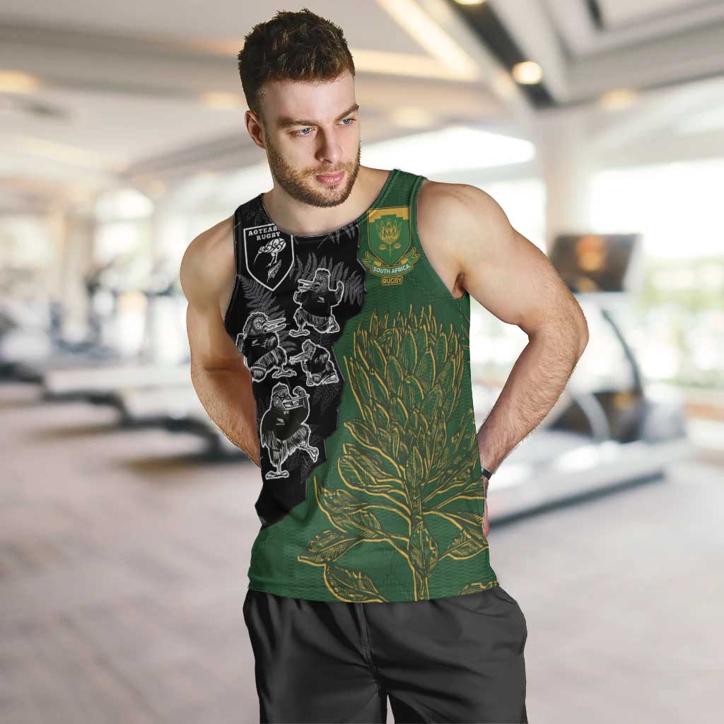 Custom Aotearoa South Africa Rugby Freedom Cup Men Tank Top Kiwi Warriors Haka with King Protea Symbol - Wonder Print Shop