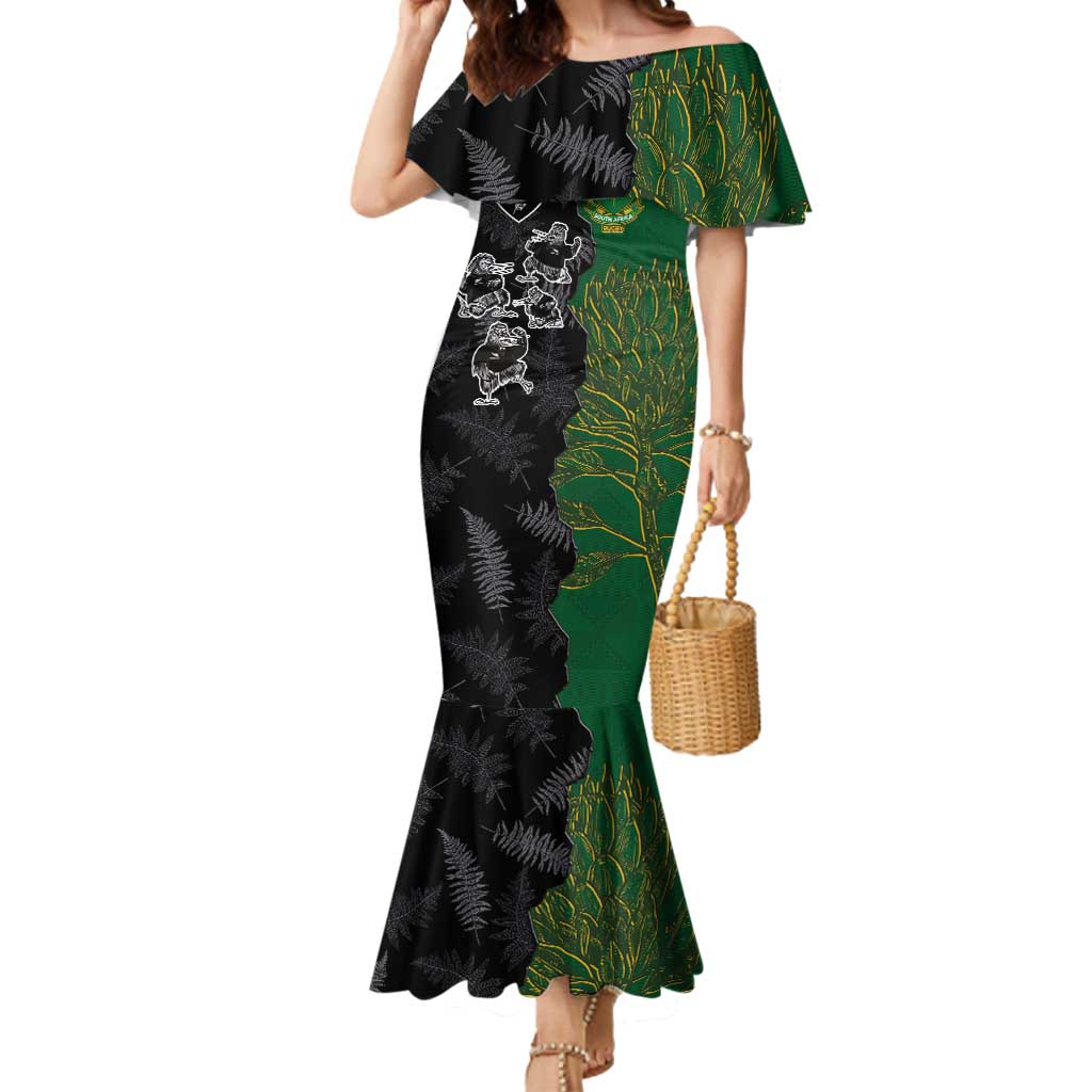 Custom Aotearoa South Africa Rugby Freedom Cup Mermaid Dress Kiwi Warriors Haka with King Protea Symbol - Wonder Print Shop