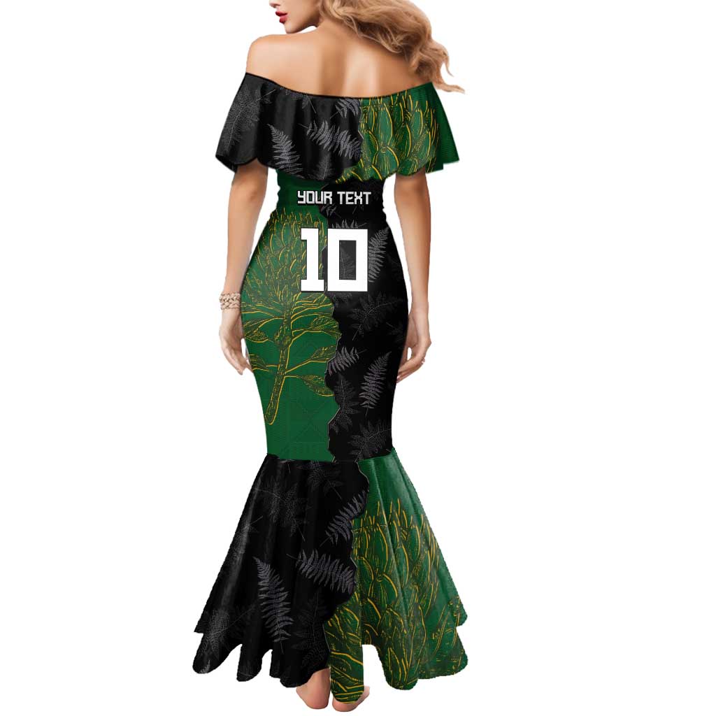 Custom Aotearoa South Africa Rugby Freedom Cup Mermaid Dress Kiwi Warriors Haka with King Protea Symbol - Wonder Print Shop