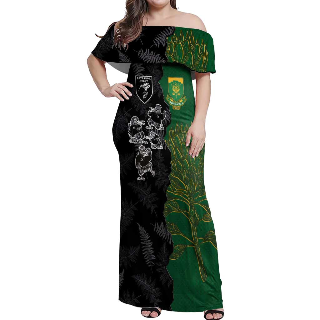 Custom Aotearoa South Africa Rugby Freedom Cup Off Shoulder Maxi Dress Kiwi Warriors Haka with King Protea Symbol - Wonder Print Shop