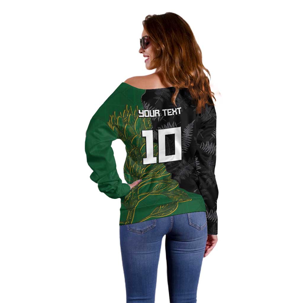 Custom Aotearoa South Africa Rugby Freedom Cup Off Shoulder Sweater Kiwi Warriors Haka with King Protea Symbol - Wonder Print Shop