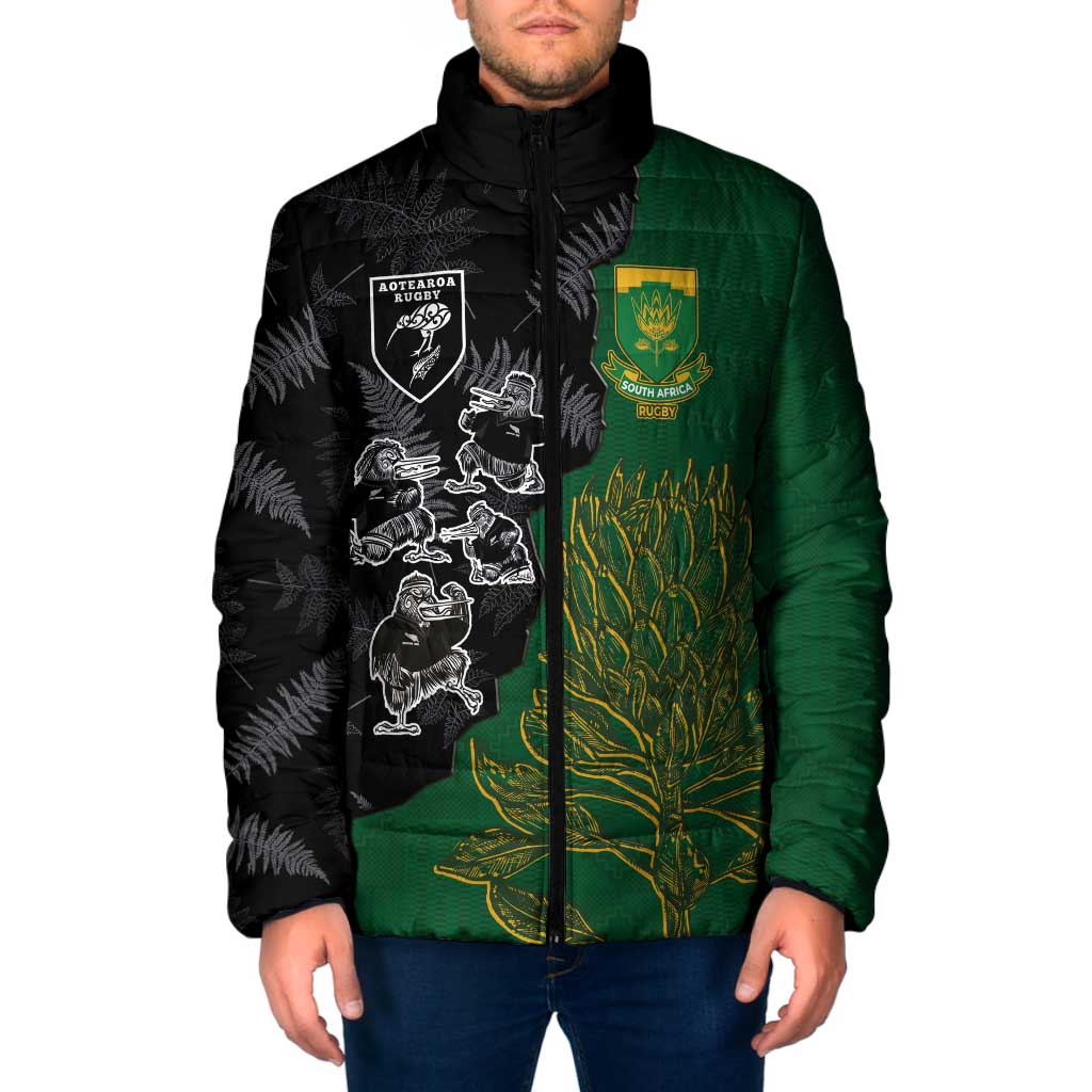 Custom Aotearoa South Africa Rugby Freedom Cup Padded Jacket Kiwi Warriors Haka with King Protea Symbol - Wonder Print Shop
