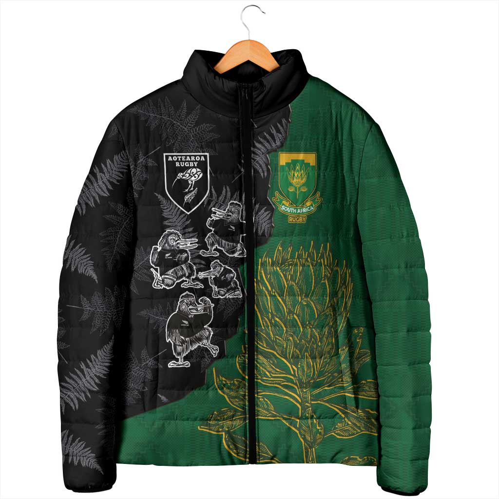 Custom Aotearoa South Africa Rugby Freedom Cup Padded Jacket Kiwi Warriors Haka with King Protea Symbol - Wonder Print Shop