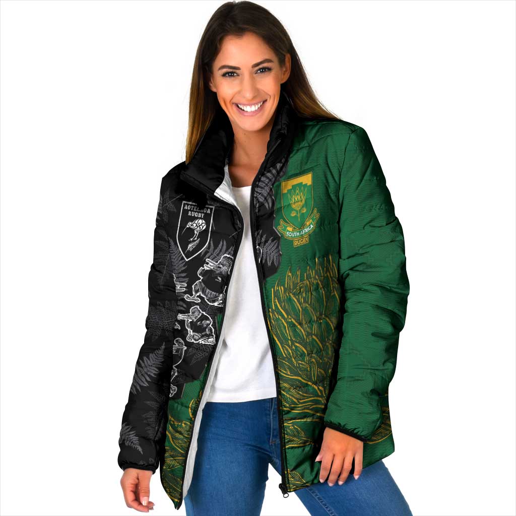 Custom Aotearoa South Africa Rugby Freedom Cup Padded Jacket Kiwi Warriors Haka with King Protea Symbol - Wonder Print Shop