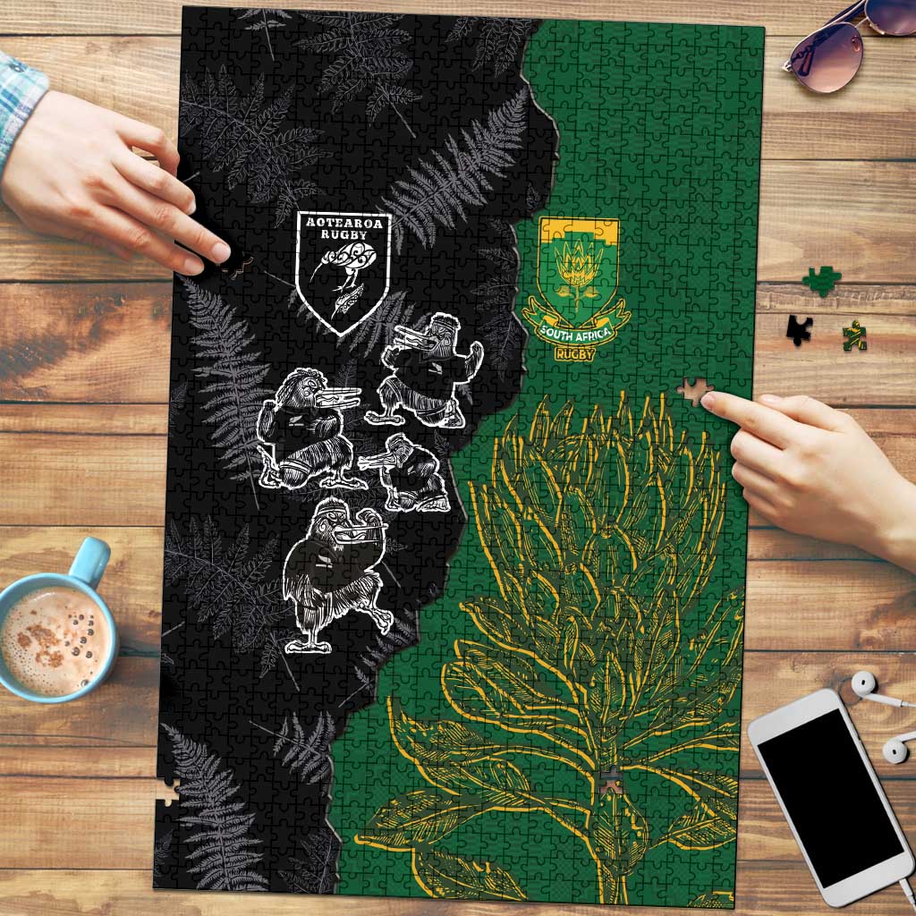 Aotearoa South Africa Rugby Freedom Cup Puzzle Kiwi Warriors Haka with King Protea Symbol - Wonder Print Shop