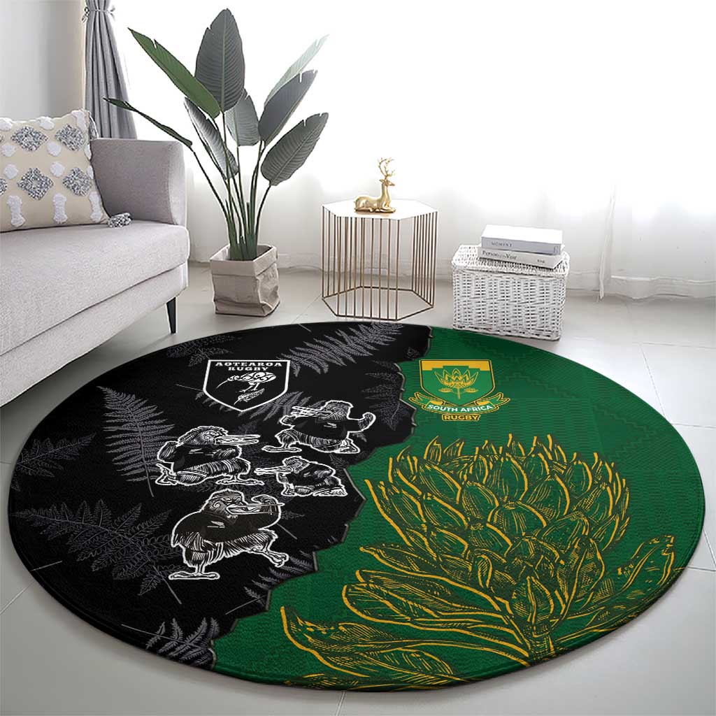 Aotearoa South Africa Rugby Freedom Cup Round Carpet Kiwi Warriors Haka with King Protea Symbol - Wonder Print Shop