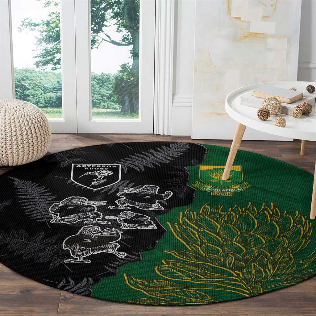Aotearoa South Africa Rugby Freedom Cup Round Carpet Kiwi Warriors Haka with King Protea Symbol - Wonder Print Shop